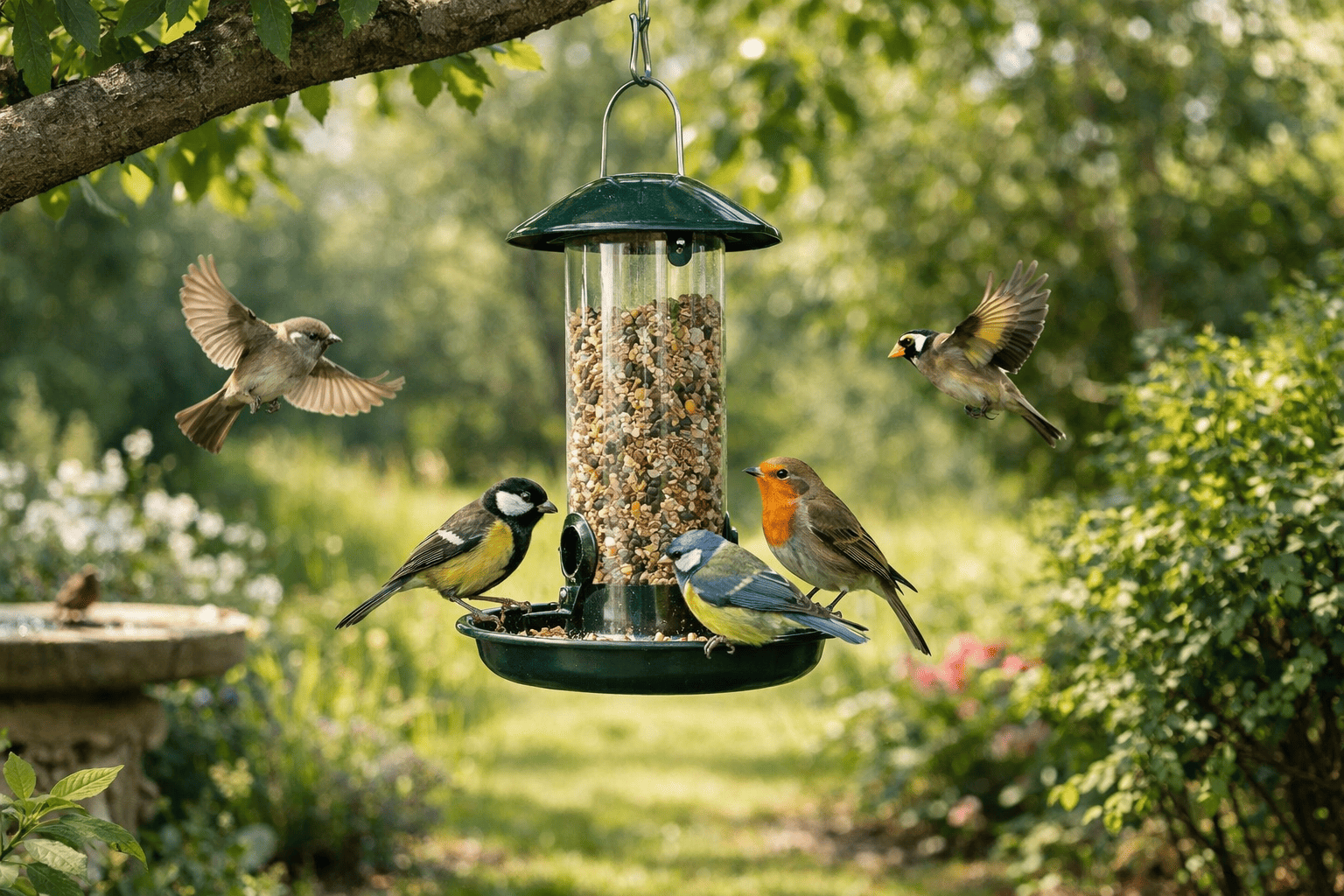 Mangeoire à oiseaux suspendue dans un jardin lumineux, installée à hauteur d’arbre, entourée de buissons et fréquentée par plusieurs oiseaux de jardin (mésanges, rouge-gorge, moineau), illustrant l’emplacement idéal d’une mangeoire extérieure.