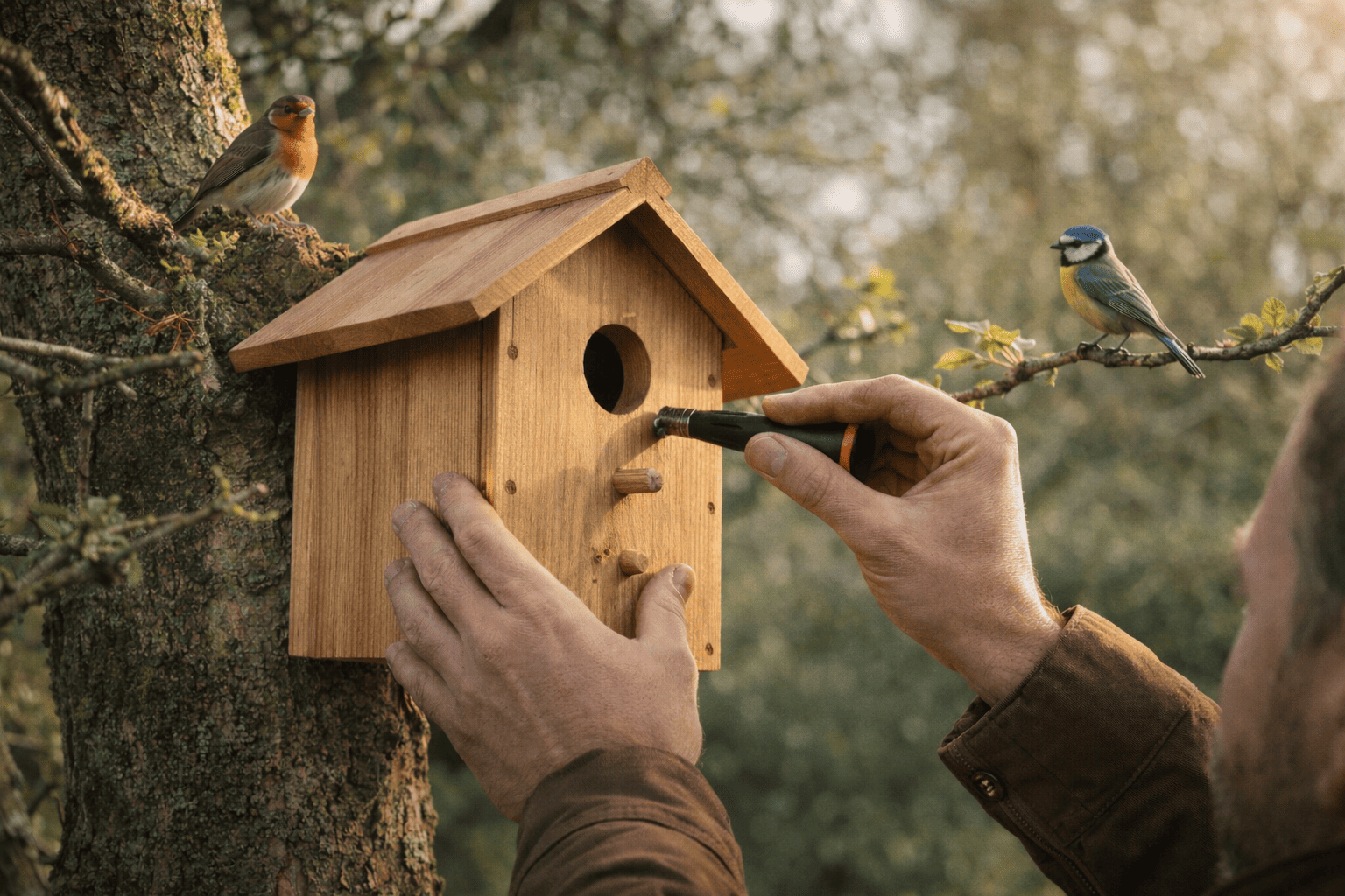 Installation d’un nichoir en bois sur un tronc d’arbre, avec un rouge-gorge et une mésange observant la scène, dans un jardin au début du printemps.