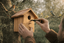 Installation d’un nichoir en bois sur un tronc d’arbre, avec un rouge-gorge et une mésange observant la scène, dans un jardin au début du printemps.
