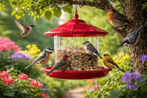 Oiseaux de jardin se nourrissant sur une mangeoire suspendue rouge remplie de graines, entourée de fleurs colorées et de feuillage verdoyant, dans un jardin ensoleillé au printemps.