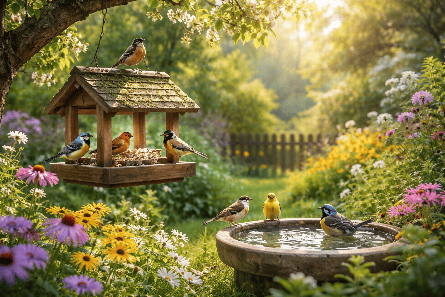 Oiseaux dans un jardin avec mangeoire en bois, abreuvoir et fleurs pour attirer les oiseaux et favoriser leur présence au jardin