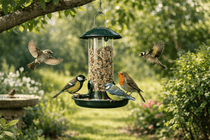 Mangeoire à oiseaux suspendue dans un jardin lumineux, installée à hauteur d’arbre, entourée de buissons et fréquentée par plusieurs oiseaux de jardin (mésanges, rouge-gorge, moineau), illustrant l’emplacement idéal d’une mangeoire extérieure.