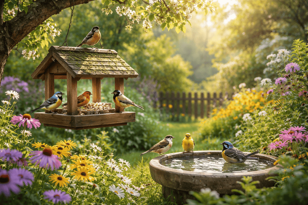 Oiseaux dans un jardin avec mangeoire en bois, abreuvoir et fleurs pour attirer les oiseaux et favoriser leur présence au jardin