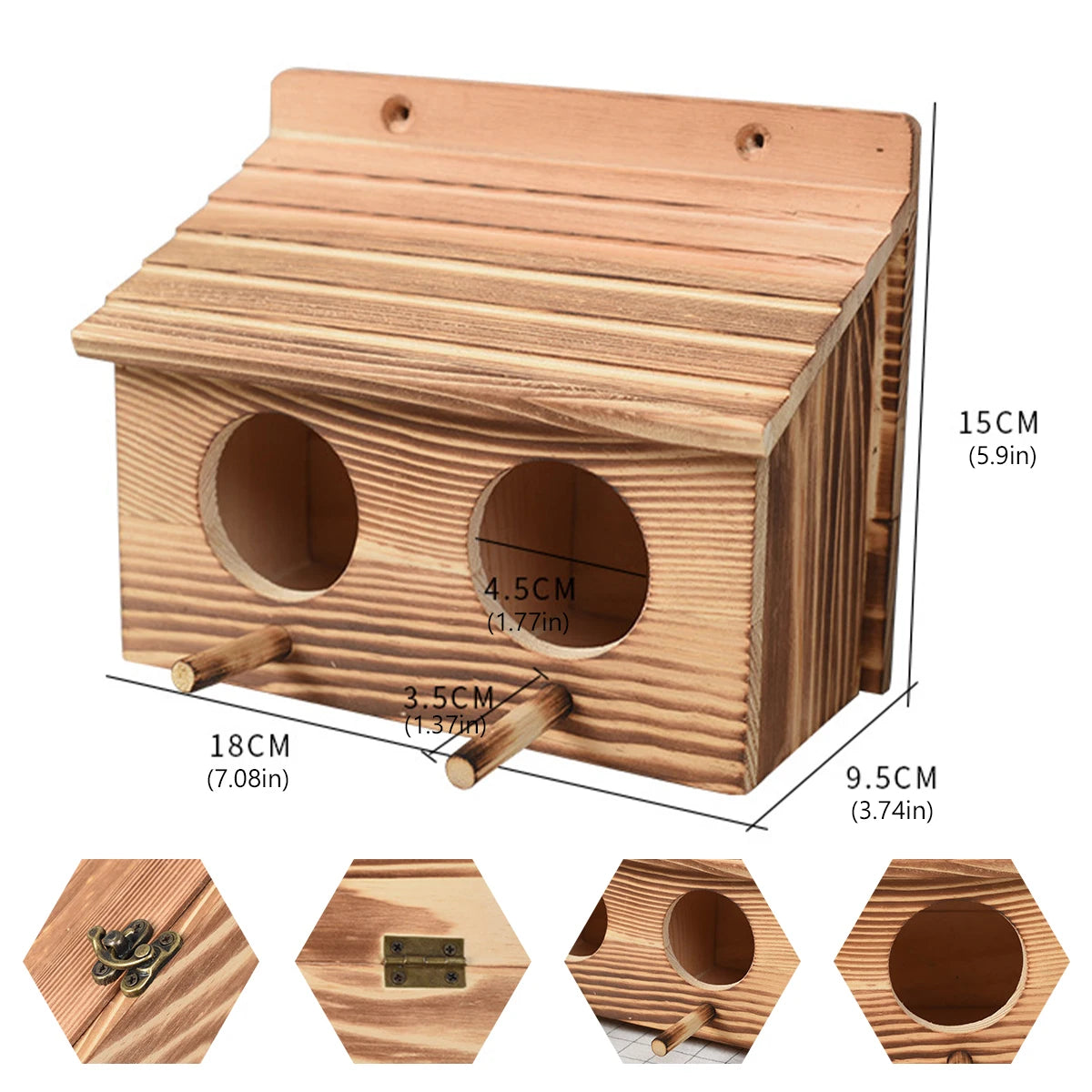 Maison D'Oiseau En Bois Faite À La Main Avec 2 Trous, Nidification D'Oiseaux, Décor De Jardin Créatif, Chambre En Acajou, Extérieur, Perroquet Jos