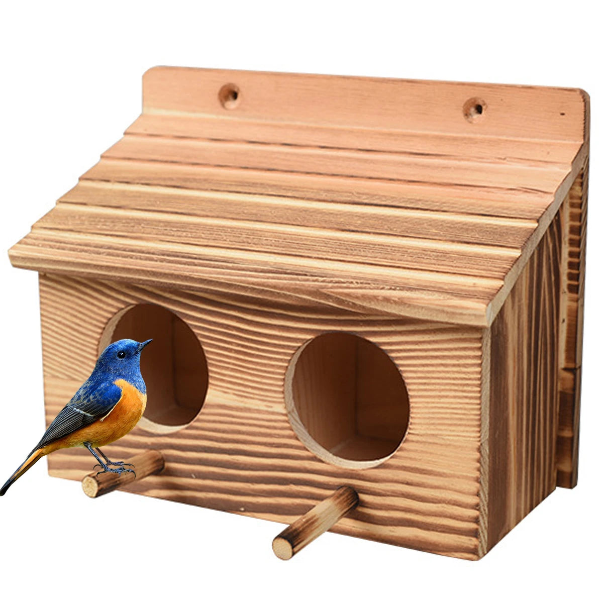Maison D'Oiseau En Bois Faite À La Main Avec 2 Trous, Nidification D'Oiseaux, Décor De Jardin Créatif, Chambre En Acajou, Extérieur, Perroquet Jos