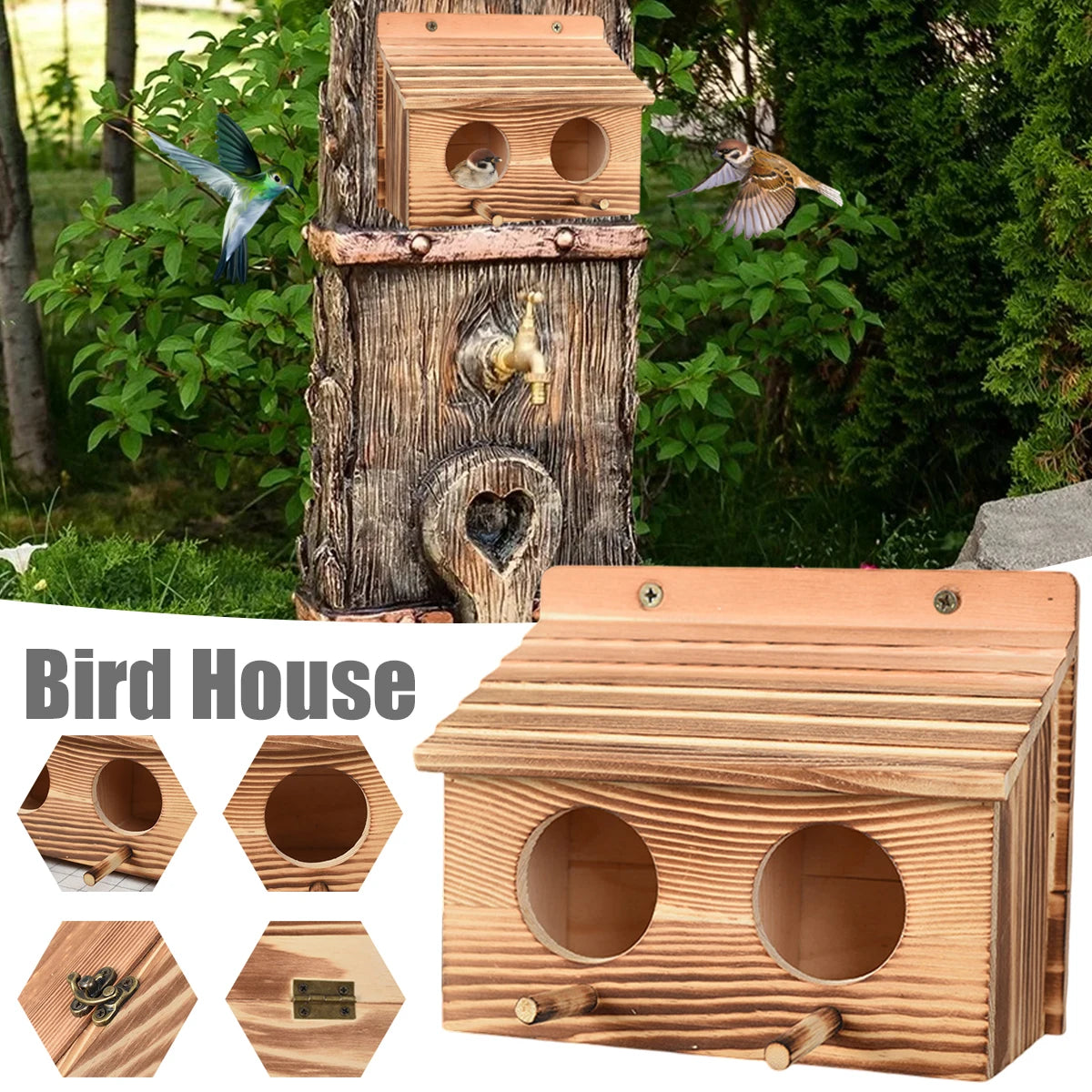Maison D'Oiseau En Bois Faite À La Main Avec 2 Trous, Nidification D'Oiseaux, Décor De Jardin Créatif, Chambre En Acajou, Extérieur, Perroquet Jos