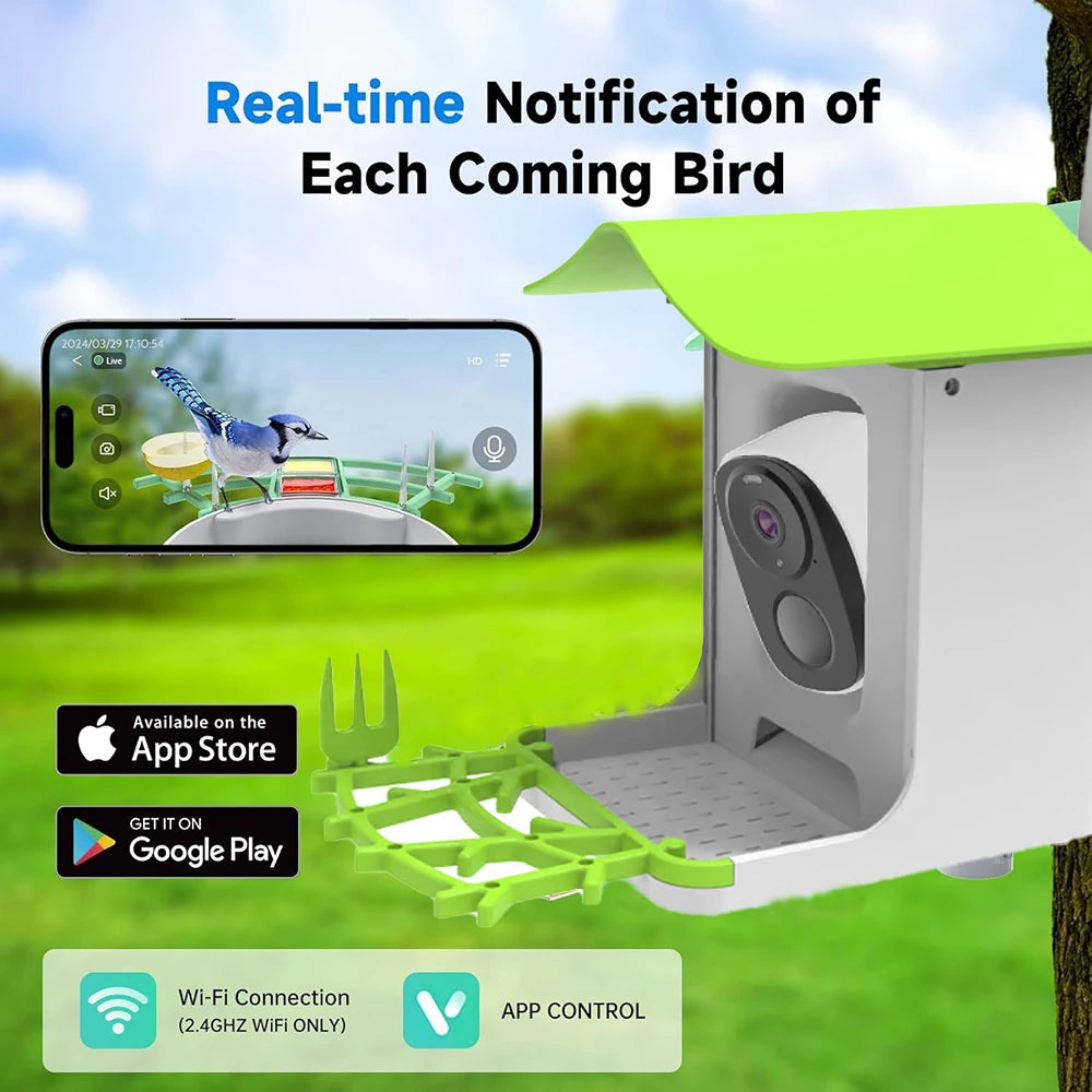 Mangeoire À Oiseaux Intelligente À Énergie Solaire Avec Caméra, Vue En Direct HD Et Alertes Instantanées, Conception Résistante Aux Intempéries IP66, Cadeau Idéal Pour L'Observation Des Oiseaux