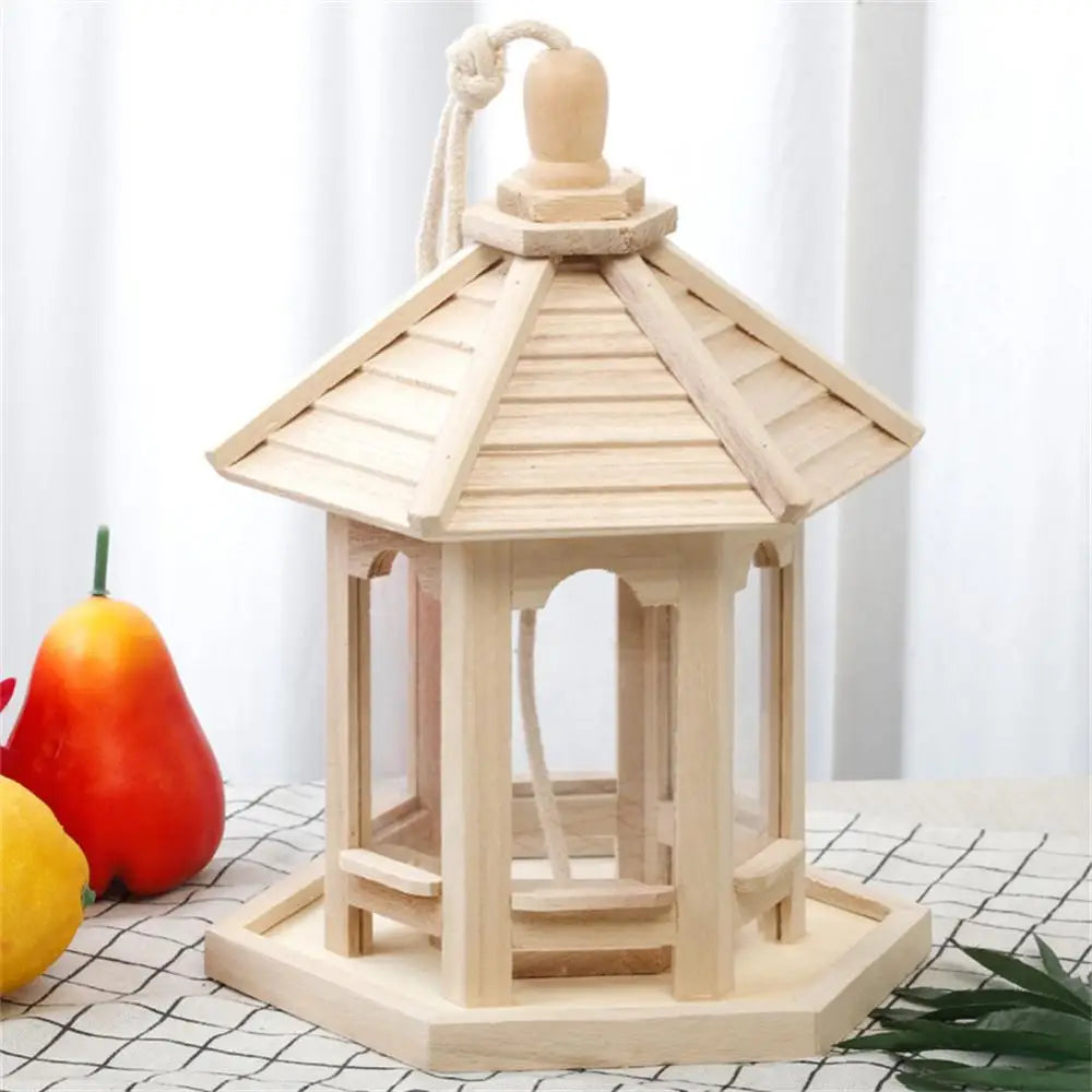 Mangeoire À Cage À Oiseaux En Bois Pour Animaux De Compagnie, Forme De Maison D'Alimentation En Eau Transparente, Distributeur De Nourriture Pour Animaux De Compagnie, Récipient Alimentaire Suspendu Durable