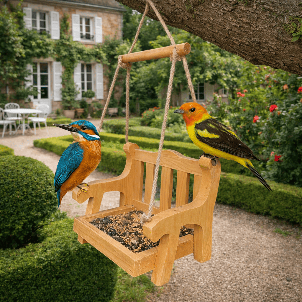 Mangeoire à oiseaux en bois – forme banc suspendue