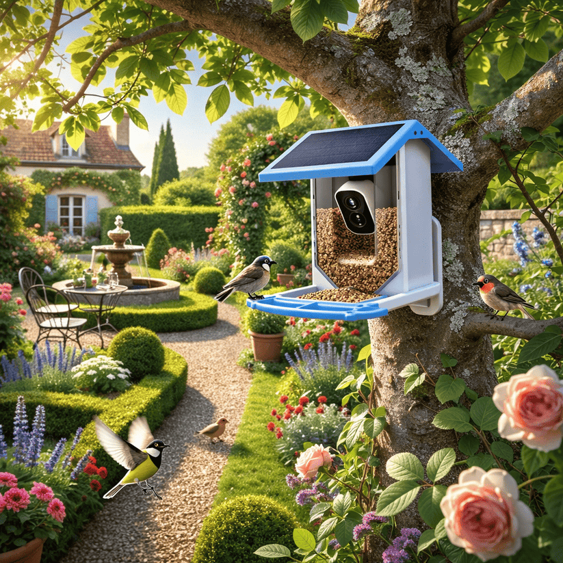 Mangeoire connectée pour oiseaux avec caméra solaire