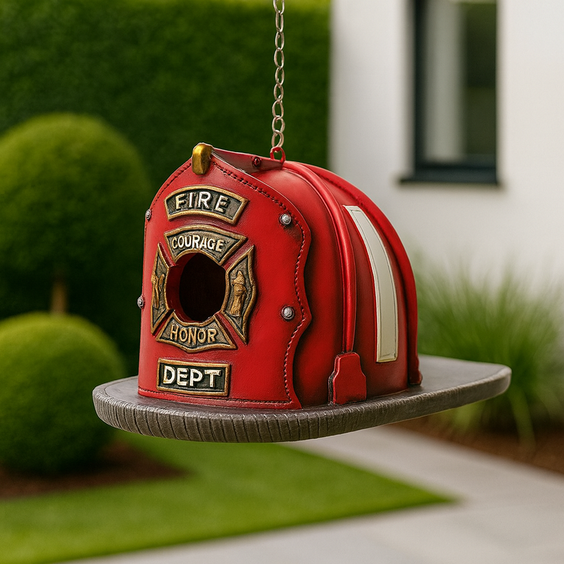 Nichoir décoratif en résine avec chapeau de pompier