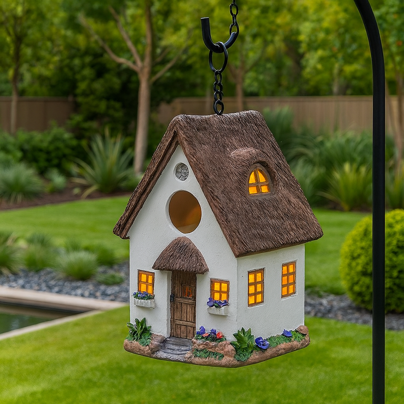 Nichoir rustique suspendu en bois dans un jardin