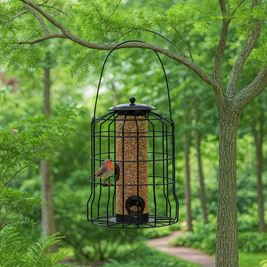 Mangeoire à oiseaux en métal anti-écureuil suspendue dans un jardin
