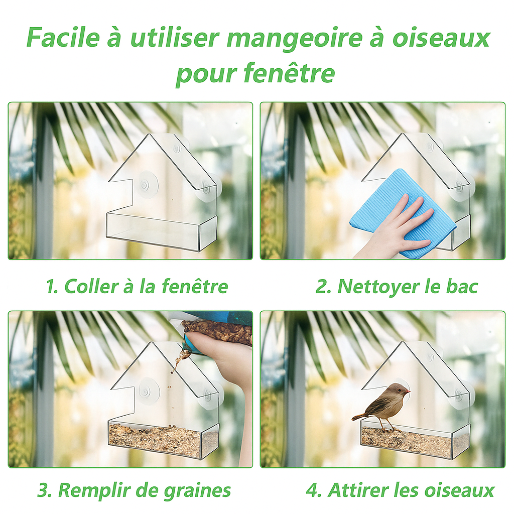 Mangeoire fenêtre en acrylique avec ventouses solides, idéale pour nourrir les oiseaux du jardin