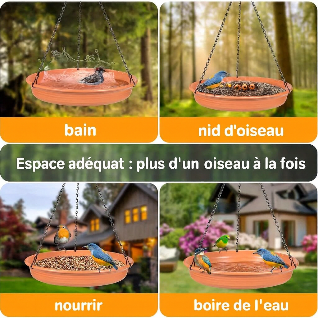 Mangeoire suspendue en plastique avec plateau rempli de graines, idéale pour attirer les oiseaux du jardin