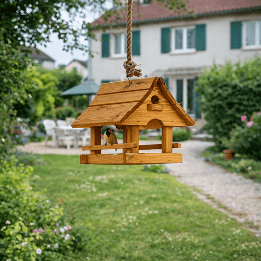 Mangeoire à oiseaux en bois naturel suspendue dans un jardin