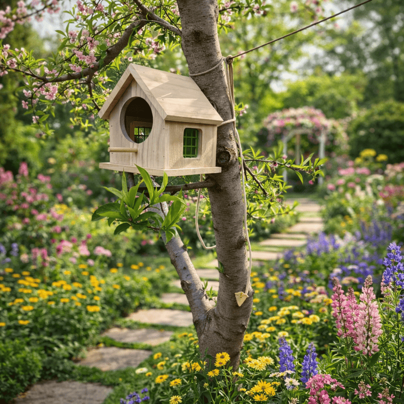 Nichoir en bois massif suspendu dans un jardin fleuri