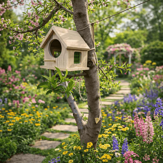 Nichoir extérieur en bois massif suspendu à un arbre dans un jardin fleuri, abri naturel pour oiseaux du jardin