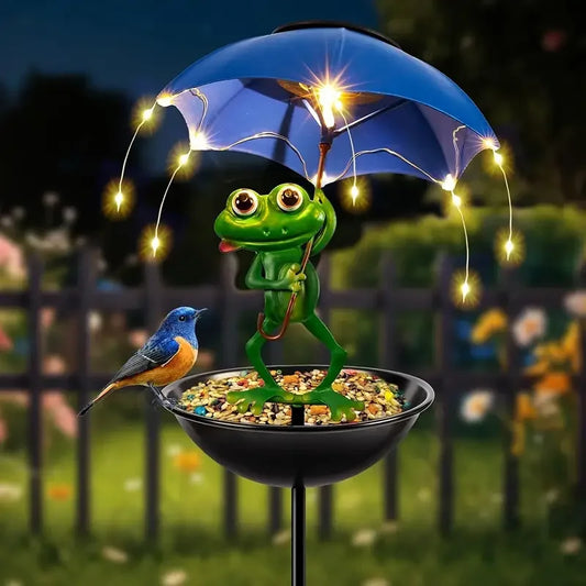 Solar Bird Feeder Frog Garden Decor, Outdoor Solar Frog Figurine Lights with Umbrella, Hummingbird Feeder Decorative Path Lights