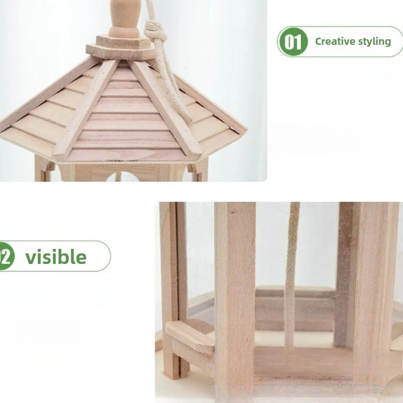 Solid Wood Bird Feeder Wooden Bird House Ornament Pet Automatic Feeder Outdoor Decorative Weaved Hanging Birdhouse Pet Feeding