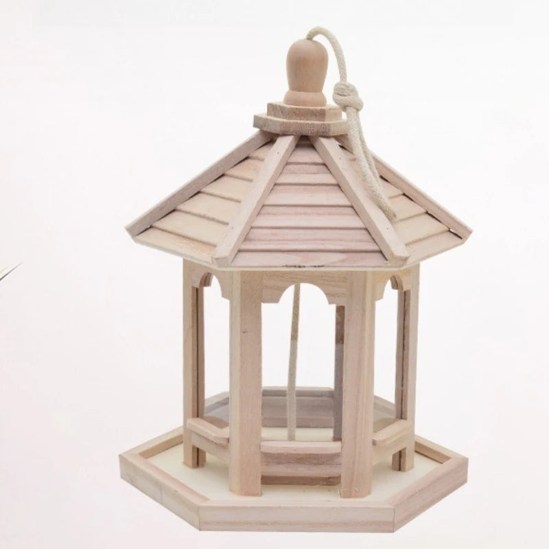 Solid Wood Bird Feeder Wooden Bird House Ornament Pet Automatic Feeder Outdoor Decorative Weaved Hanging Birdhouse Pet Feeding
