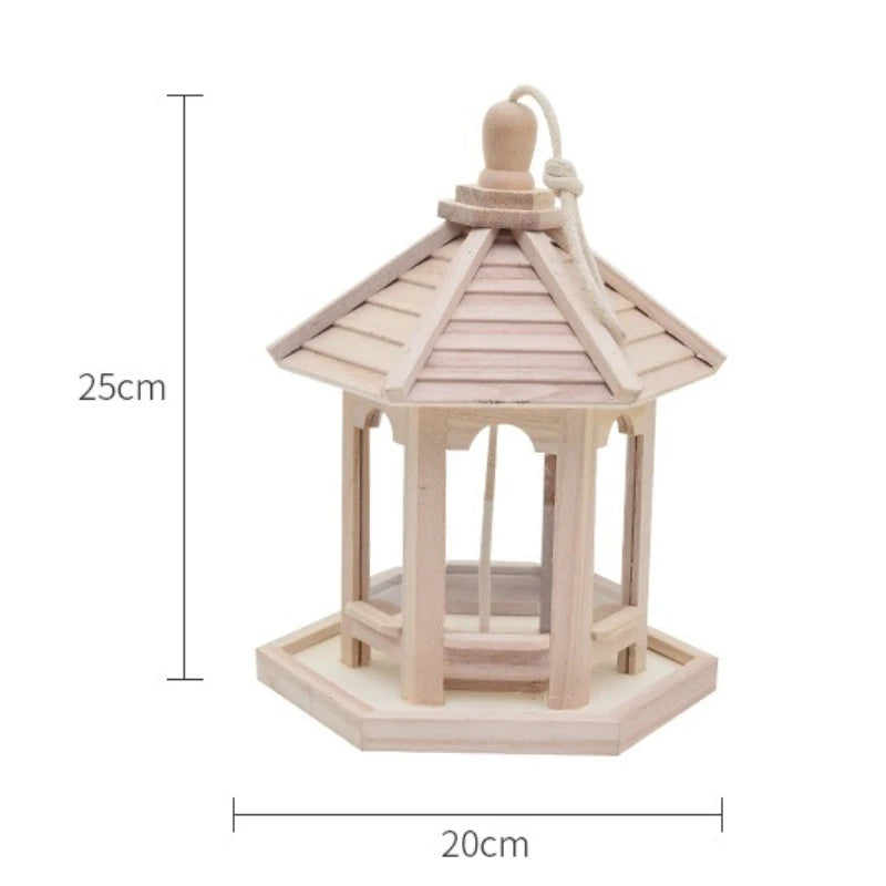 Solid Wood Bird Feeder Wooden Bird House Ornament Pet Automatic Feeder Outdoor Decorative Weaved Hanging Birdhouse Pet Feeding