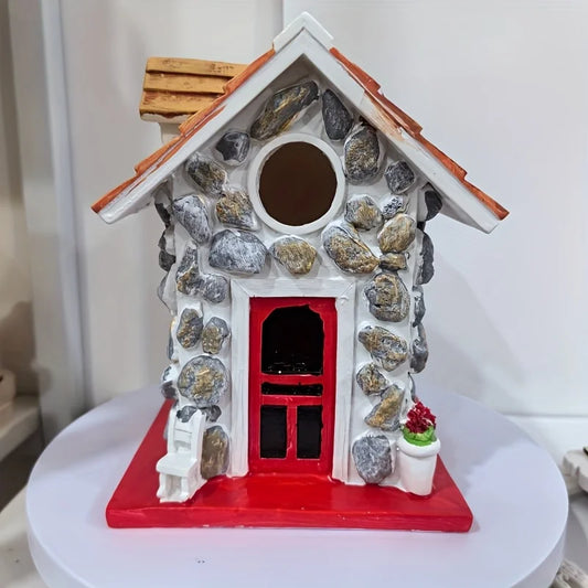 1Pc, Decorative Stone Cottage Bird House with New Creative Design, Garden Decoration, Outdoor Decor, Tree Decor
