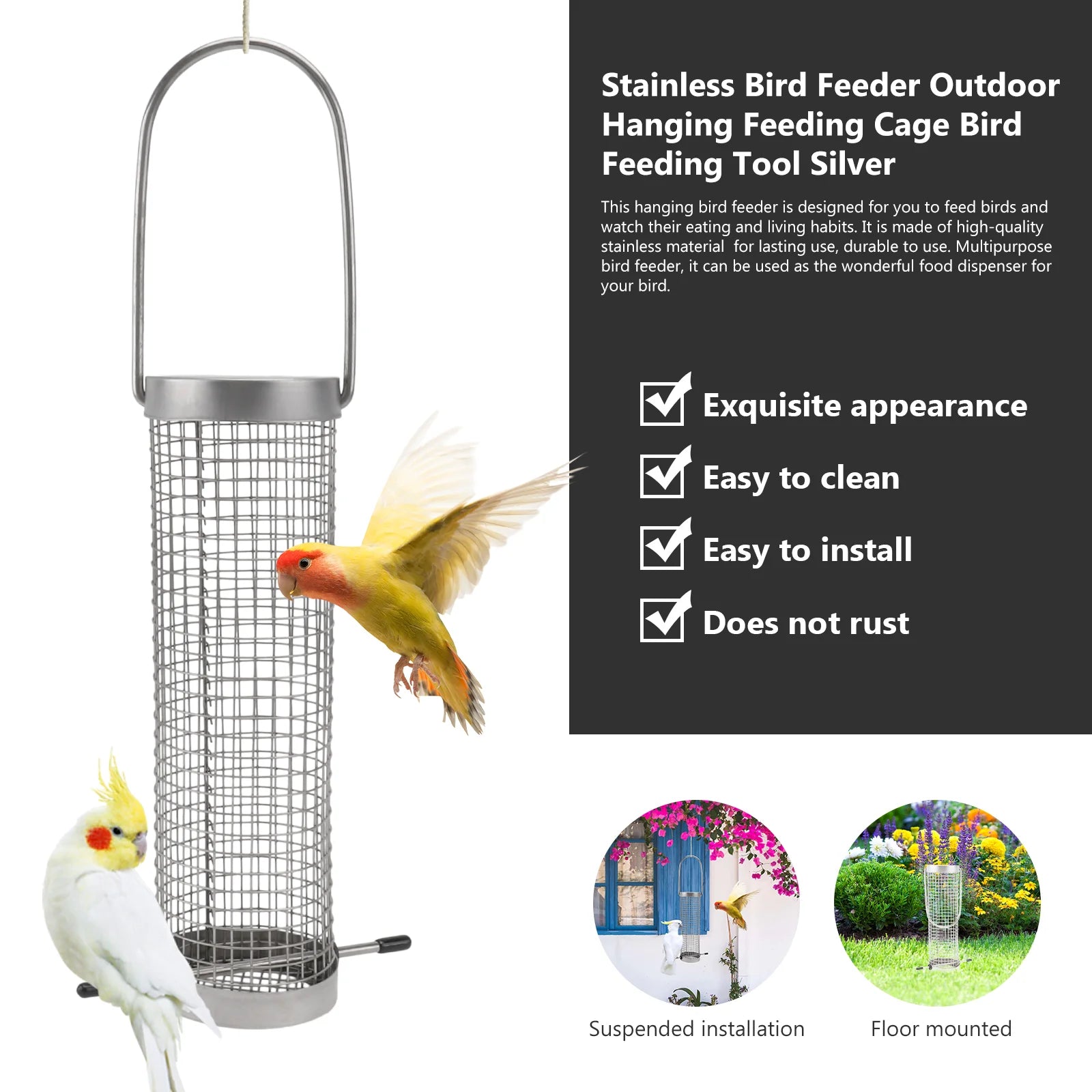 Mangeoire À Oiseaux Suspendue En Acier Inoxydable, Taille Compacte, Recharge Facile, Appareil D'Alimentation Pour Oiseaux, Mangeoire Pour Oiseaux, Récipient De Nourriture Pour Oiseaux