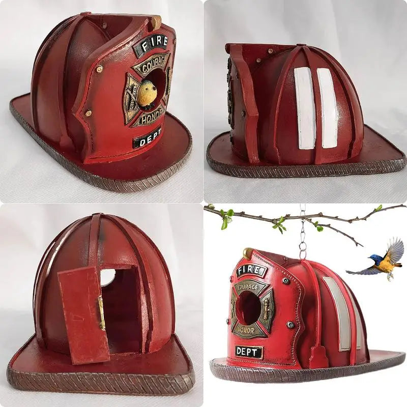 Mangeoire À Oiseaux En Résine Décorative, Forme De Chapeau De Pompier, Accent D'Oiseaux, Jardin, Bureau, Extérieur, Charmant