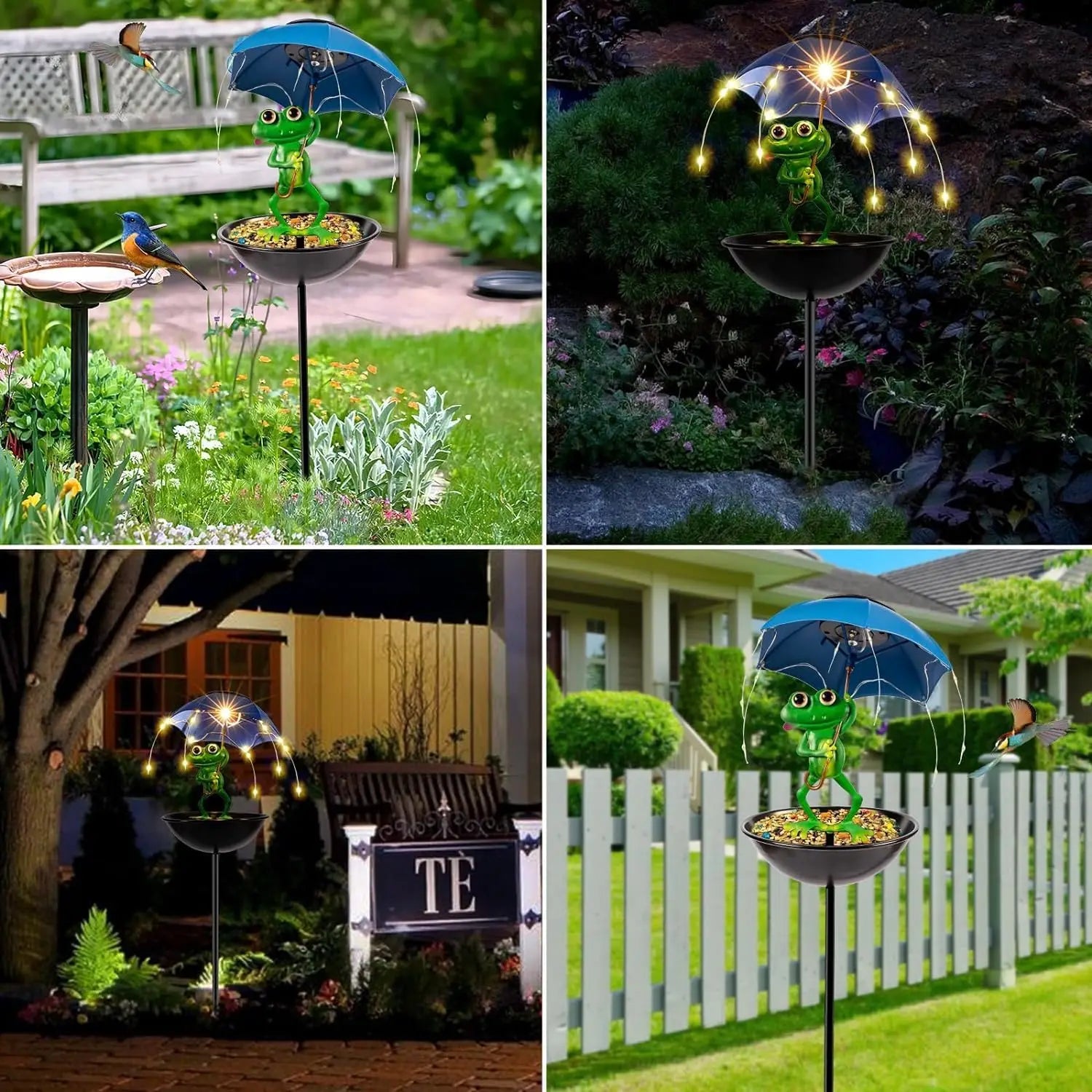 Solar Bird Feeder Frog Garden Decor, Outdoor Solar Frog Figurine Lights with Umbrella, Hummingbird Feeder Decorative Path Lights