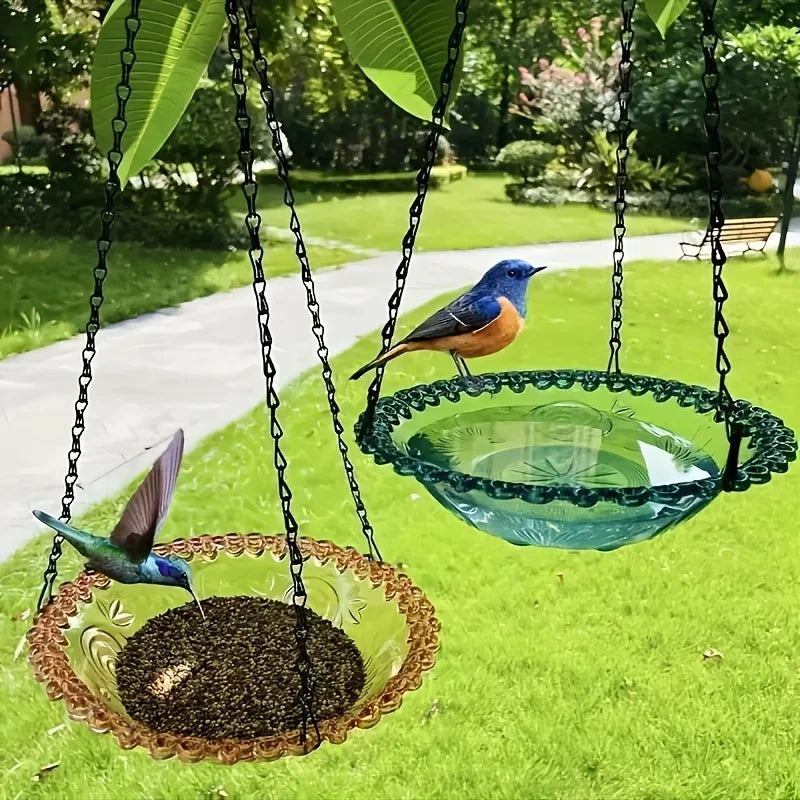 Ensemble D'Alimentation De Bain D'Oiseaux Suspendu Avec Chaîne, Décor De Patio De Jardin Extérieur, Design Floral PP, Plat D'Eau Pour Oiseaux, Outil D'Alimentation Pour Oiseaux