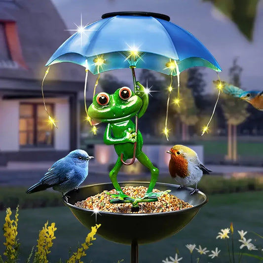 Solar Bird Feeder Frog Garden Decor, Outdoor Solar Frog Figurine Lights with Umbrella, Hummingbird Feeder Decorative Path Lights