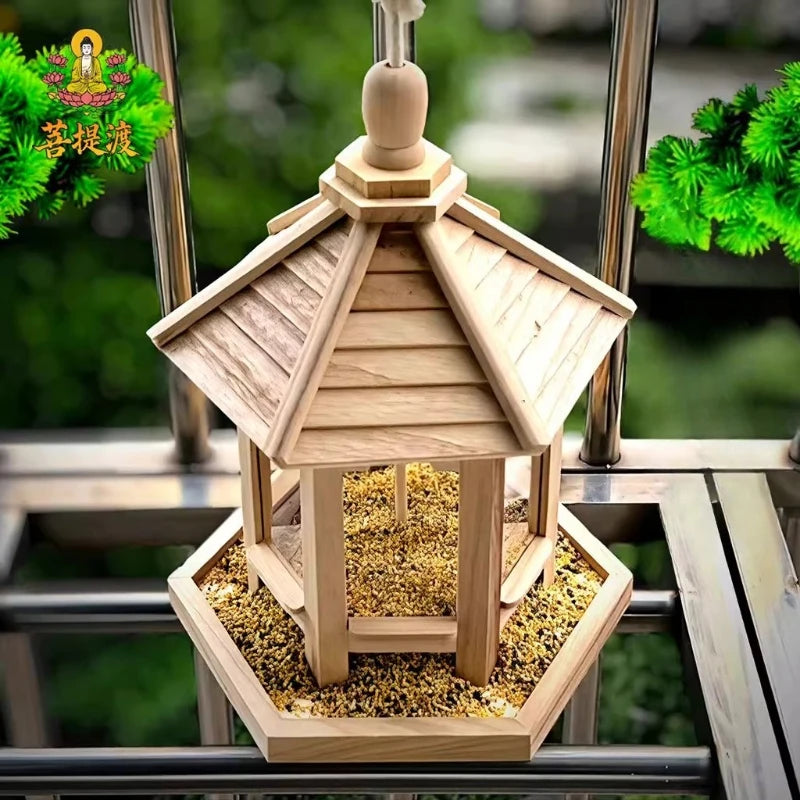 Solid Wood Bird Feeder Wooden Bird House Ornament Pet Automatic Feeder Outdoor Decorative Weaved Hanging Birdhouse Pet Feeding