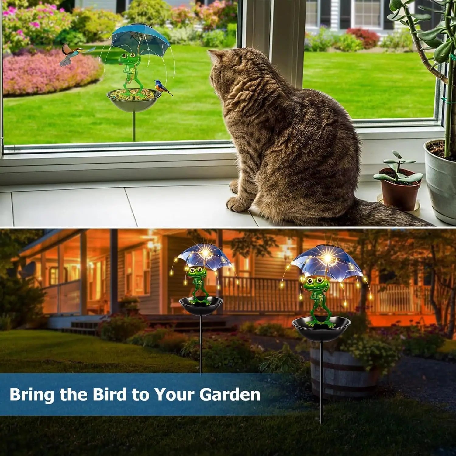 Solar Bird Feeder Frog Garden Decor, Outdoor Solar Frog Figurine Lights with Umbrella, Hummingbird Feeder Decorative Path Lights