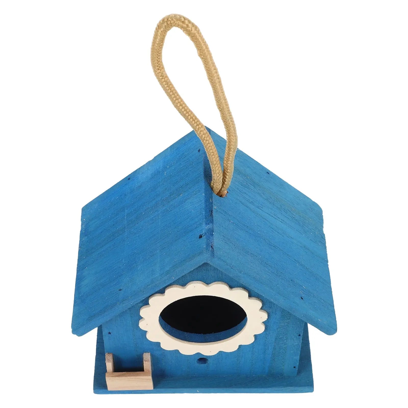 Mini Maison À Oiseaux Bleue, Nid En Bois, Décoration Créative, Cage Suspendue Avec Corde, Produits Robustes Pour Animaux De Compagnie, Jardin De Maison