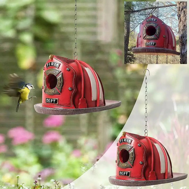 Mangeoire À Oiseaux En Résine Décorative, Forme De Chapeau De Pompier, Accent D'Oiseaux, Jardin, Bureau, Extérieur, Charmant