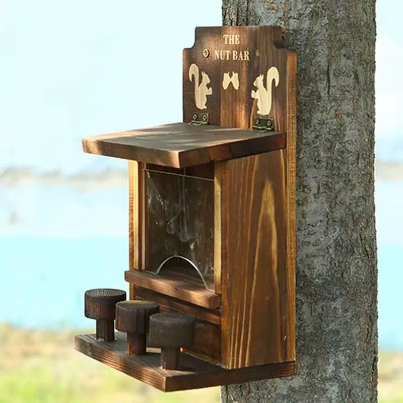 Wooden Squirrel Feeder Hanging for Landscaping, Pet Food Dispenser, Garden Bird Feeder, Outdoor, Rural, Retro Style
