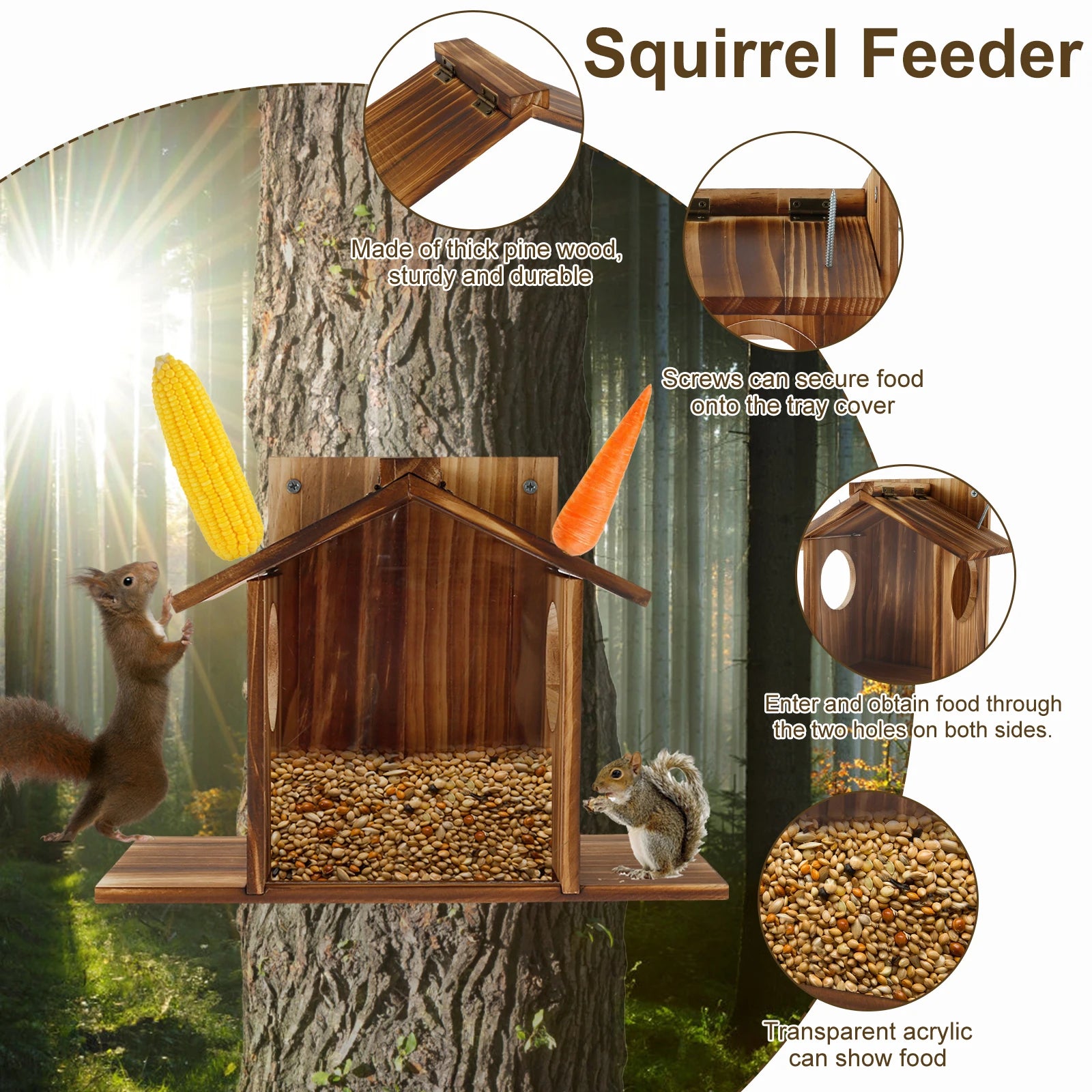 Mangeoire Pour Écureuil En Bois, Grande Capacité, Maison Avec Toit, Stations D'Alimentation Pour Écureuil, Décoration De Jardin Pour Maïs Et Cacahuètes