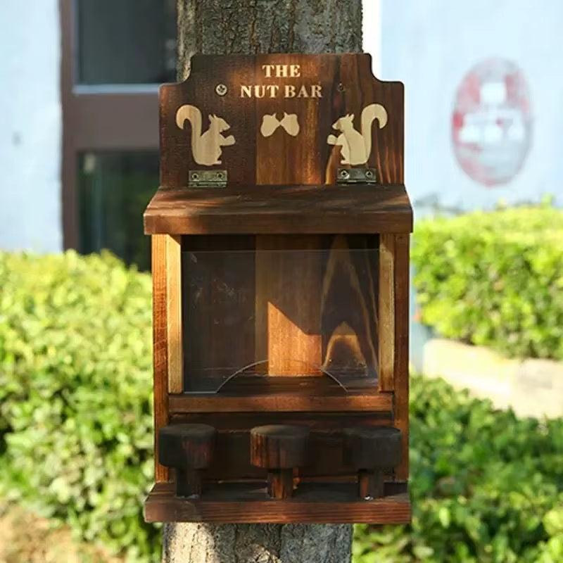 Wooden Squirrel Feeder Hanging for Landscaping, Pet Food Dispenser, Garden Bird Feeder, Outdoor, Rural, Retro Style