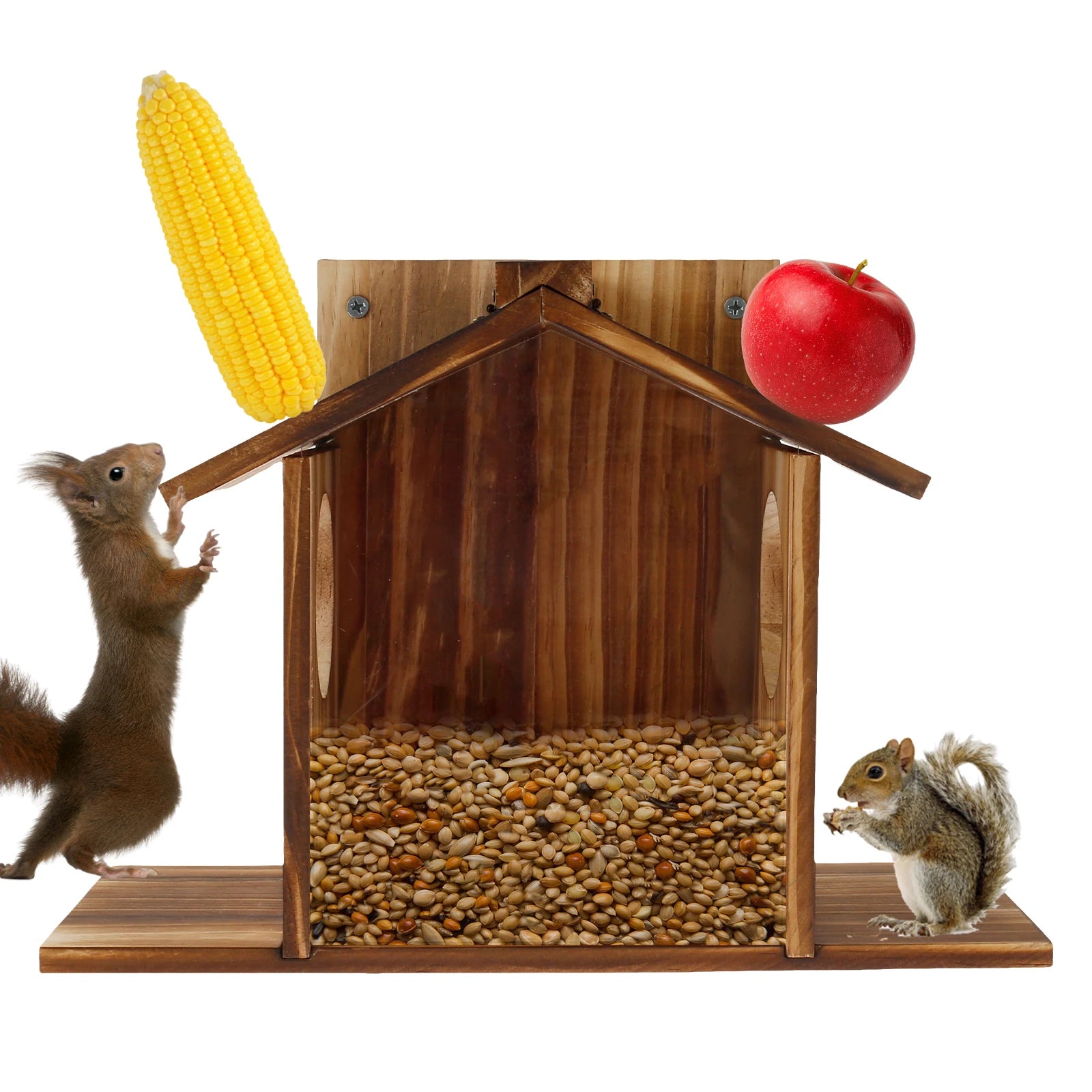 Mangeoire Pour Écureuil En Bois, Grande Capacité, Maison Avec Toit, Stations D'Alimentation Pour Écureuil, Décoration De Jardin Pour Maïs Et Cacahuètes