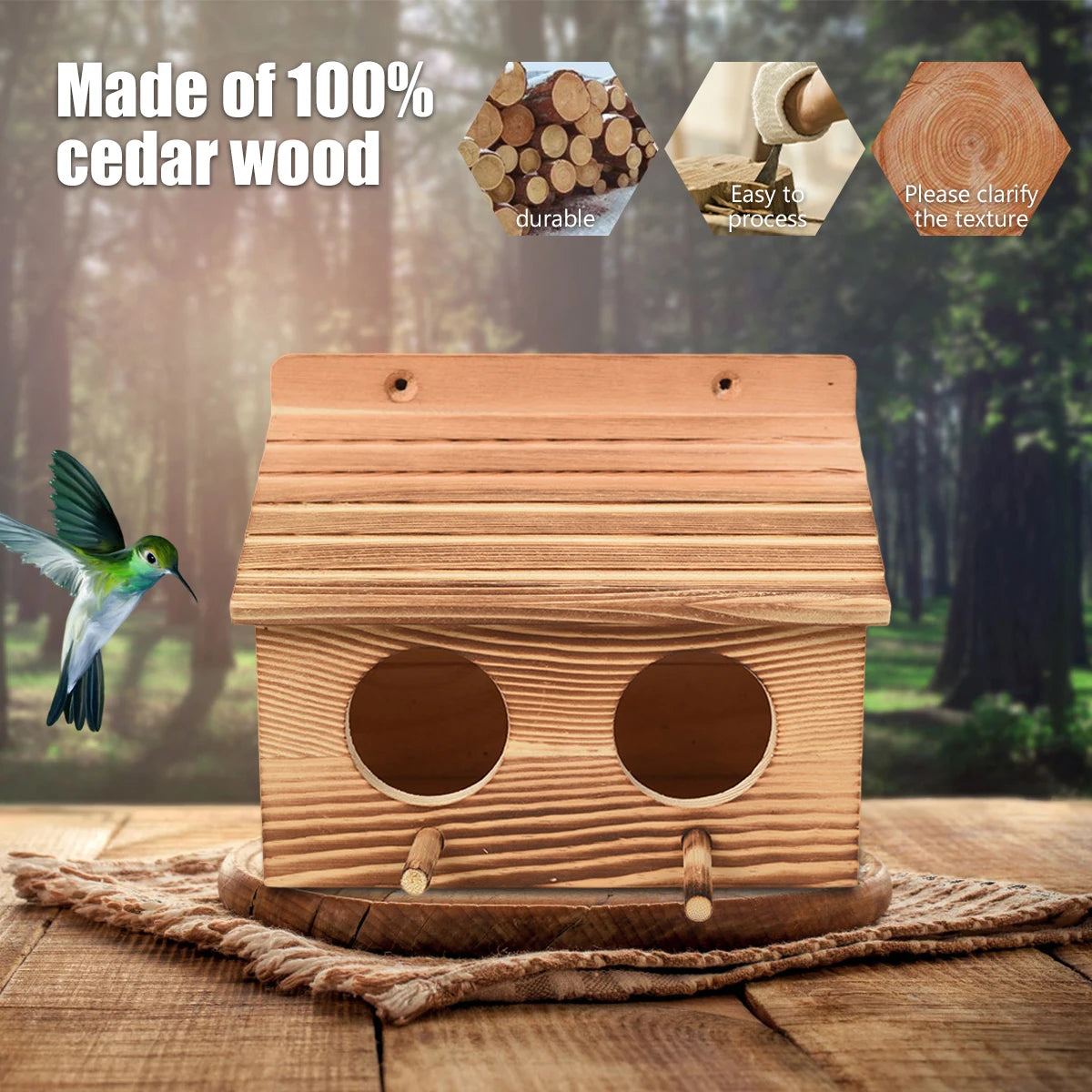 Maison D'Oiseau En Bois Faite À La Main Avec 2 Trous, Nidification D'Oiseaux, Décor De Jardin Créatif, Chambre En Acajou, Extérieur, Perroquet Jos