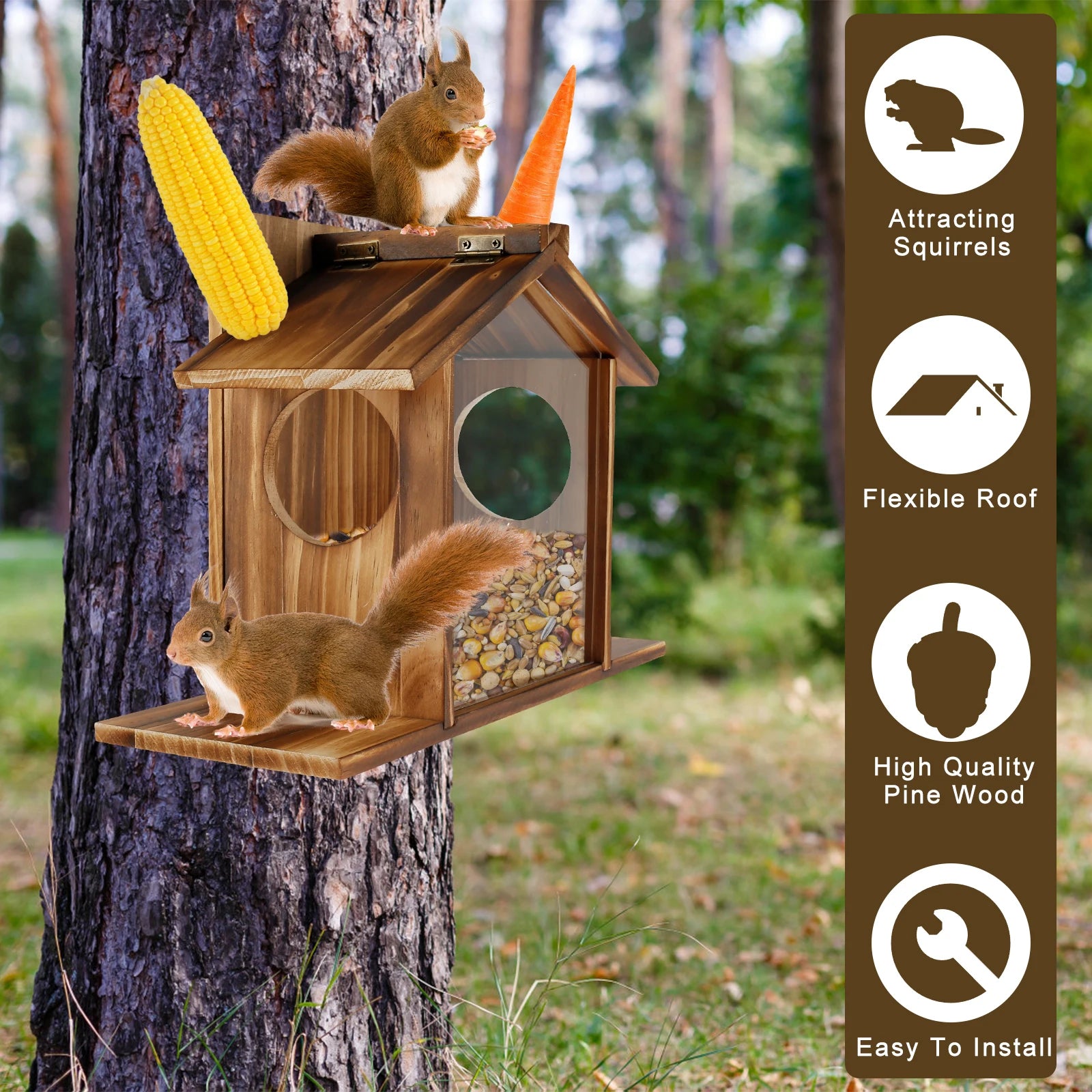 Mangeoire Pour Écureuil En Bois, Grande Capacité, Maison Avec Toit, Stations D'Alimentation Pour Écureuil, Décoration De Jardin Pour Maïs Et Cacahuètes